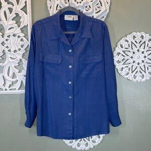 Silk Casual WorkStyle Blue Button Down Mother of Pearl Buttons Vintage Medium